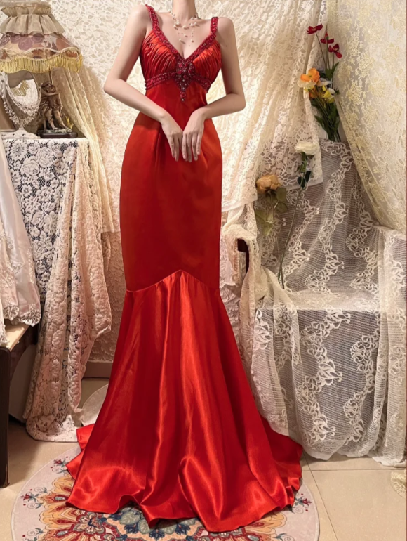 Elegant Red Rose Satin V-neck Beaded Long Prom Dress P3753