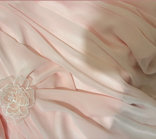 Elegantes pinkfarbenes, schulterfreies, plissiertes Chiffon-Abendkleid mit 3D-Blumenmuster P3756