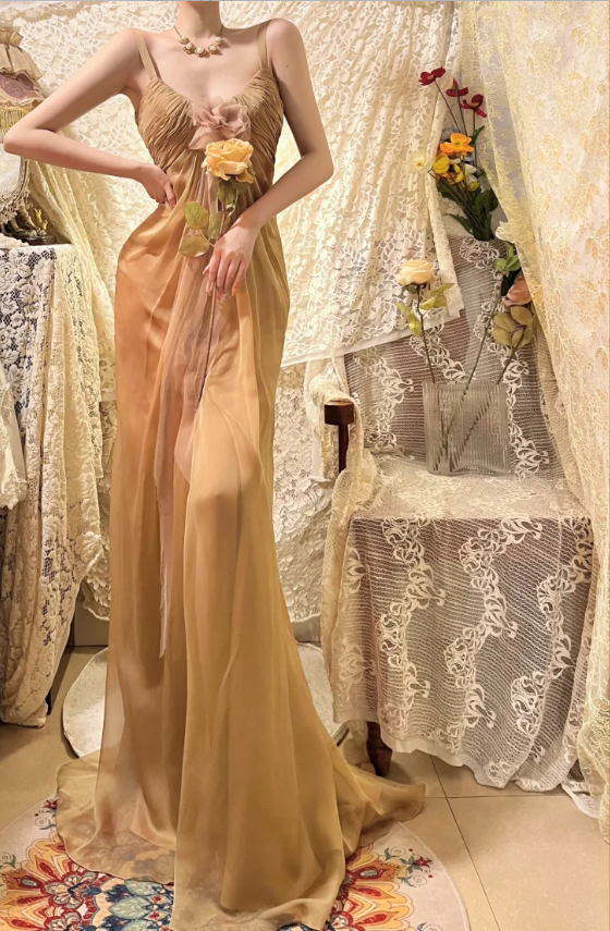 Flowing Strappy V-neck Slit Chiffon Prom Dress P3757