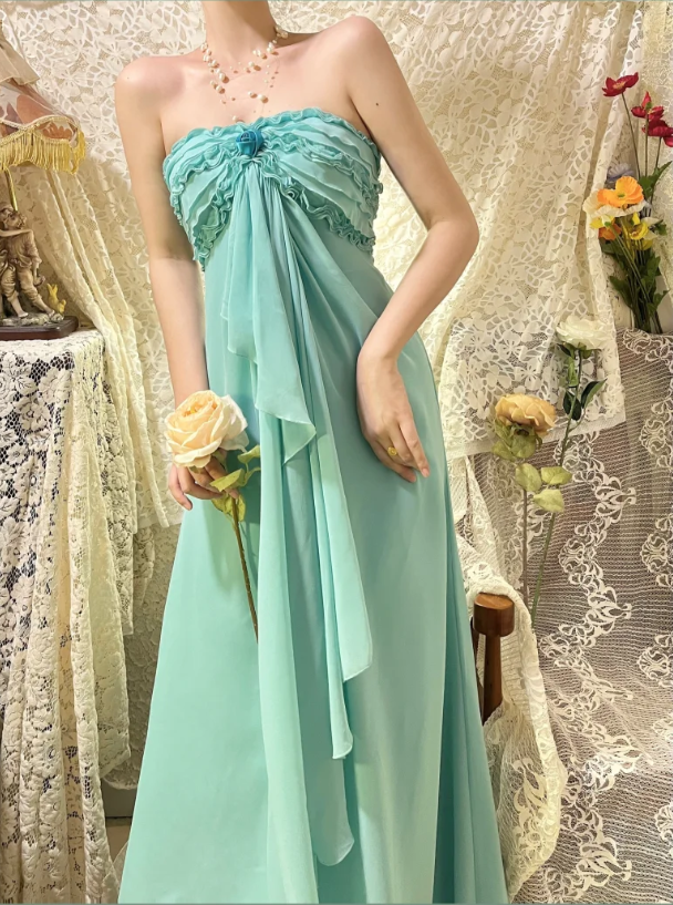 Elegant Lake Green One Shoulder Chiffon Off Shoulder Long Prom Dress P3759