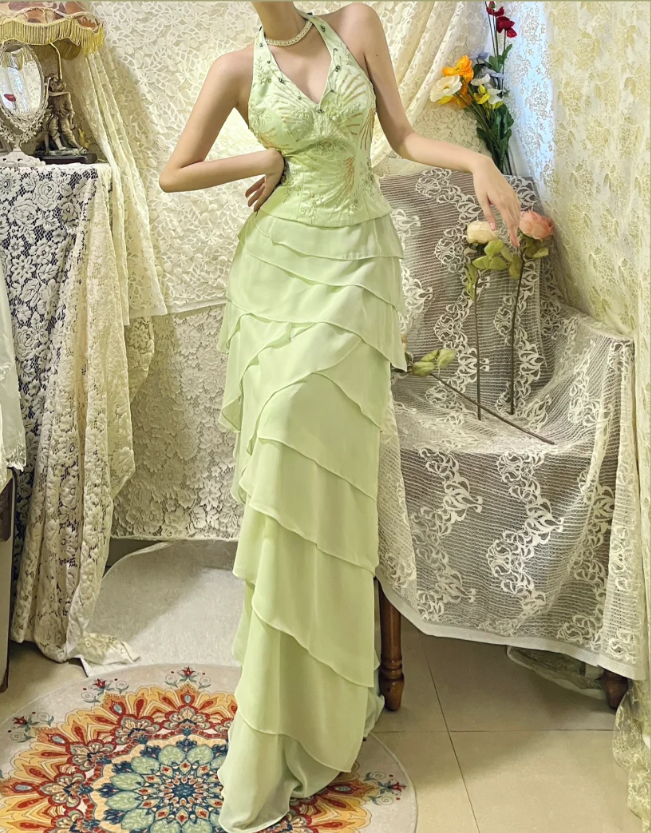 Fresh Green Halter Neck Beaded Layered Chiffon Prom Dress P3761