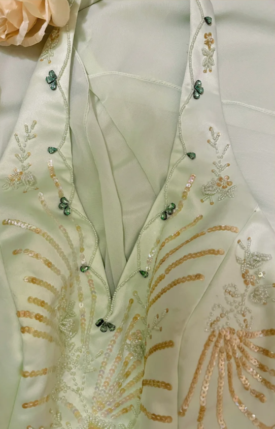 Fresh Green Halter Neck Beaded Layered Chiffon Prom Dress P3761