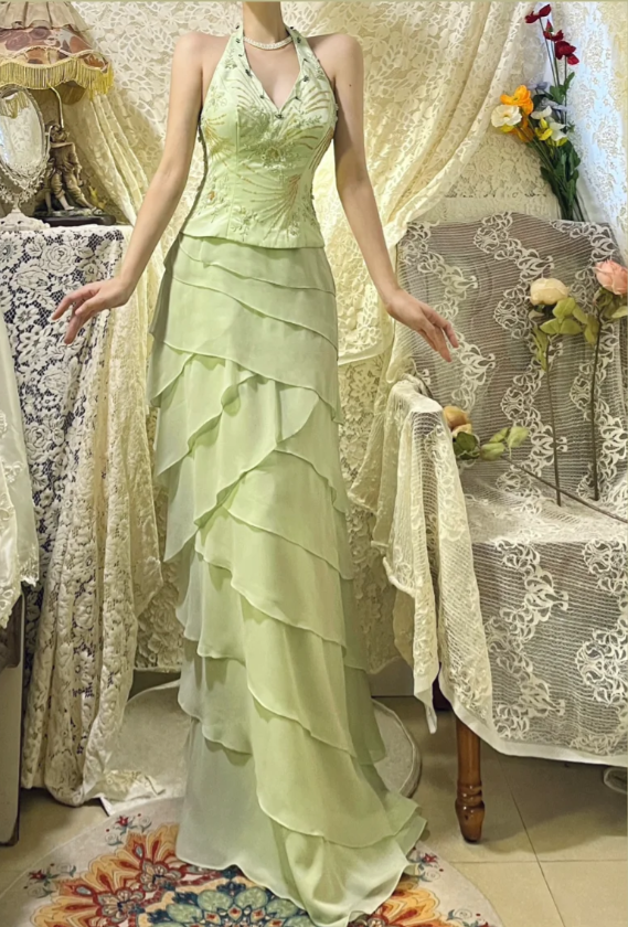Fresh Green Halter Neck Beaded Layered Chiffon Prom Dress P3761