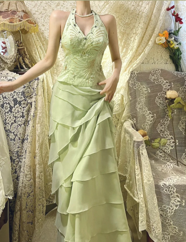 Fresh Green Halter Neck Beaded Layered Chiffon Prom Dress P3761