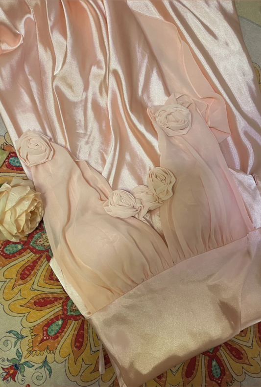 Sweet Pink 3D Rose V-Neck Satin Long Prom Dress P3762