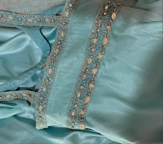 Vintage Lake Blue Design Neckline Beaded Satin Prom Dress P3763
