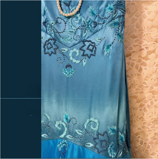 Vintage Blue Satin Beaded Embroidery V-Neck Mermaid Prom Dress P3765