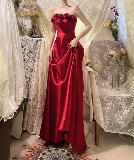 Beautiful Red Strapless Three-dimensional Rose Satin A-line Long Prom Dress P3768
