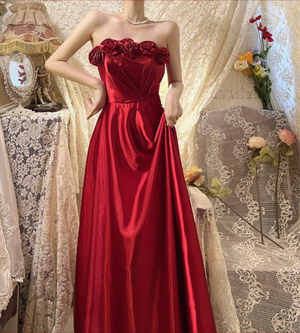 Beautiful Red Strapless Three-dimensional Rose Satin A-line Long Prom Dress P3768