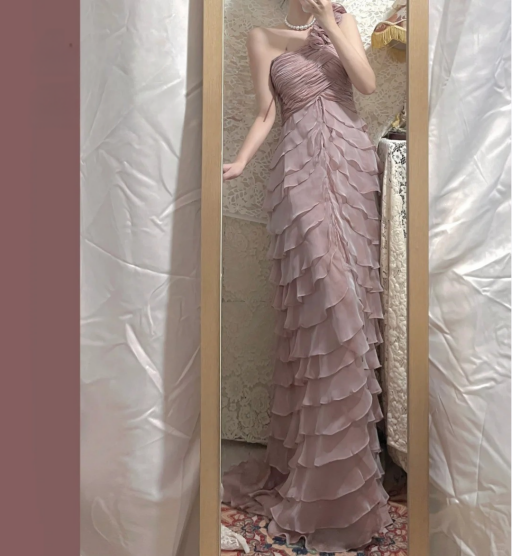 Tender Pink One Shoulder 3D Flower Chiffon Layered Mermaid Prom Dress P3772