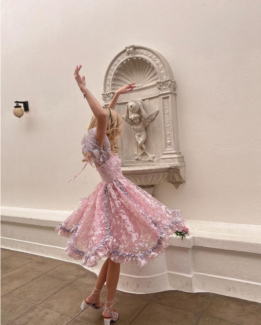 Princess Print Short Sleeve Pink Tulle A-Line Birthday Skirt Homecoming Dress P3775