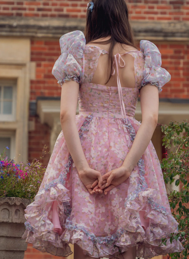 Princess Print Short Sleeve Pink Tulle A-Line Birthday Skirt Homecoming Dress P3775