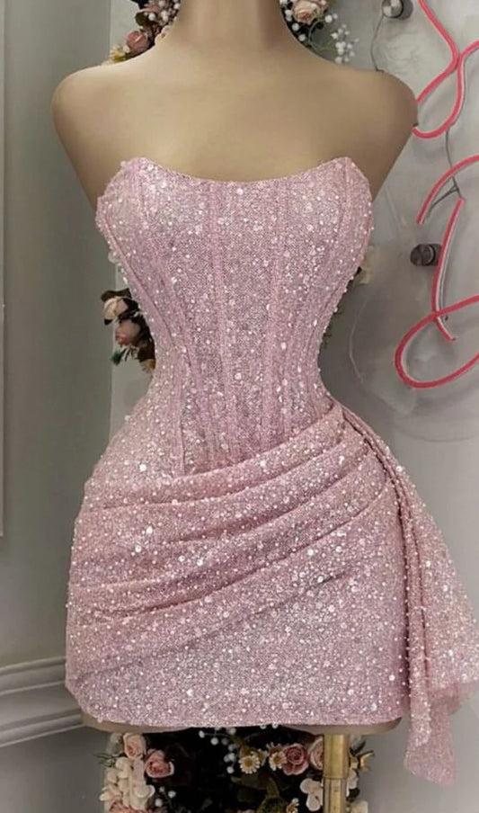 Cute Pink Sleeveless Sequined Slim Fit Hip 17th Birthday Homecoming Dress P3778