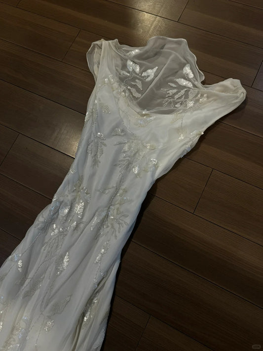 Elegant White Swing Neck Sequin Chiffon Long Prom Dress P3788