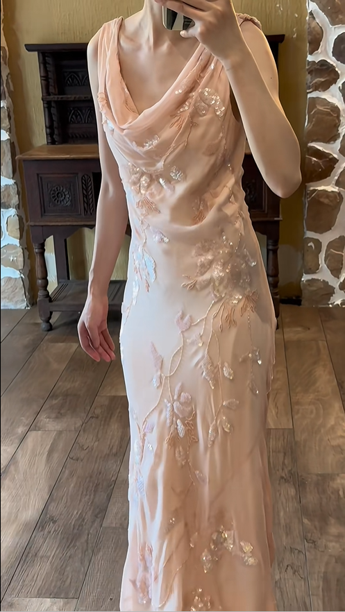 Sweet Pink Sparkling Sequin Swing Neck Chiffon Prom Dress P3792