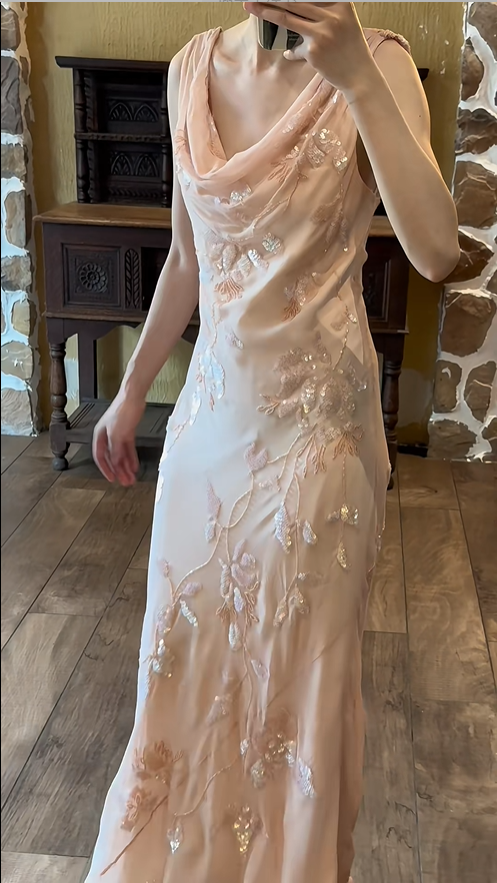 Sweet Pink Sparkling Sequin Swing Neck Chiffon Prom Dress P3792