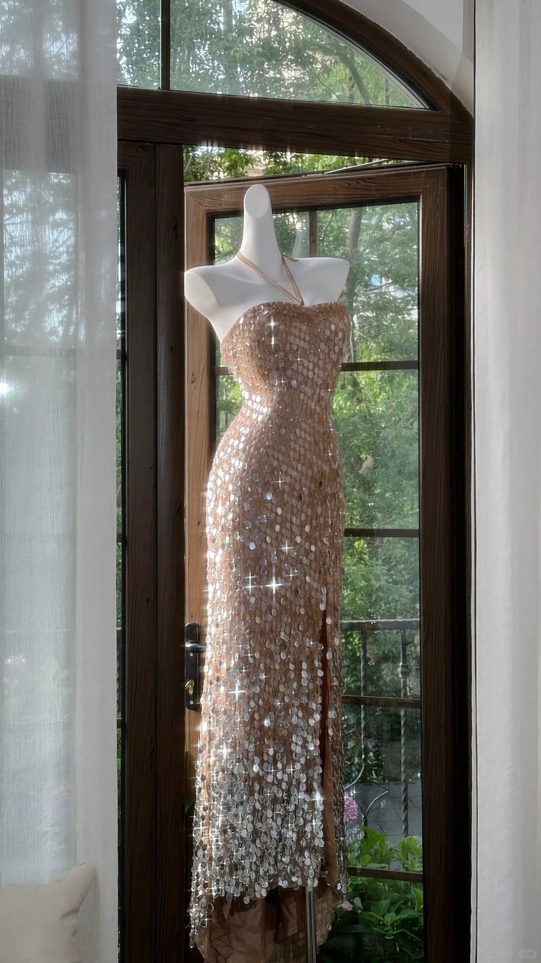 Shiny Halterneck Large Sequined Slit Mermaid Prom Dress P3796