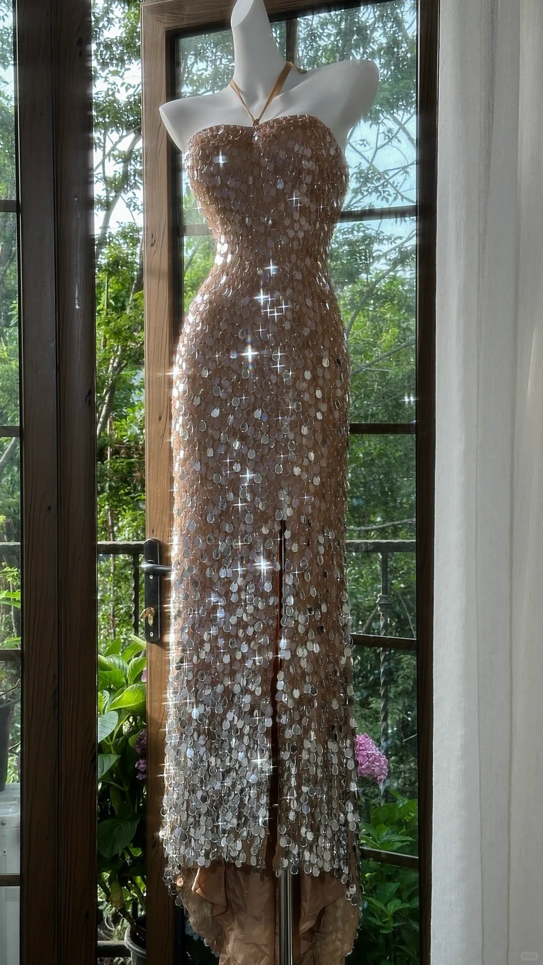 Shiny Halterneck Large Sequined Slit Mermaid Prom Dress P3796