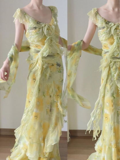 Light Yellow And Green V-neck Ruffled Chiffon Prom Dress P3803