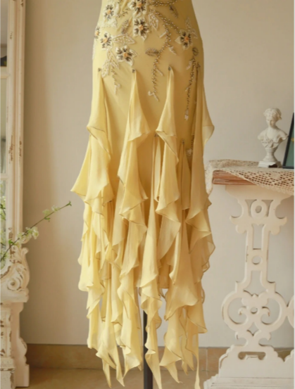 Flowy Strapless Yellow Beaded Jellyfish Skirt Chiffon Prom Dress P3804