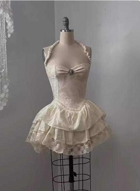 Vintage Jacquard Halter Neck Lace Trim Mini Birthday Skirt Homecoming Dress P3823