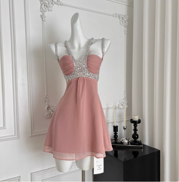 Beautiful Heavy Sequined Halter Neck Suspender Chiffon 17th Birthday Homecoming Dress P3832