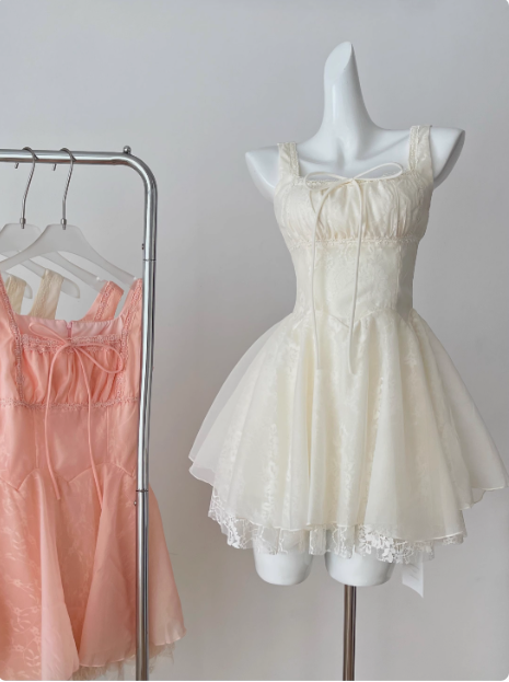 Sweet Suspender Square Neck Tie Mesh Puffy Birthday Skirt Homecoming Dress P3838