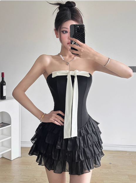 Sweet Black Tube Top Bowknot Herringbone Cake Skirt Homecoming Dress P3841