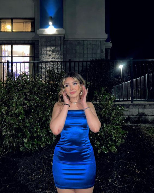 Simple Strapless Royal Blue Satin Birthday Skirt Homecoming Dress P3866