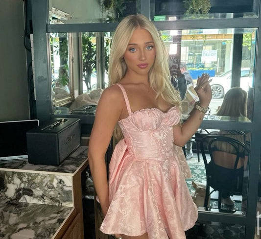 Sweet Princess Shoulder Strap Bow Jacquard Mini 17th Birthday Homecoming Dress P3878