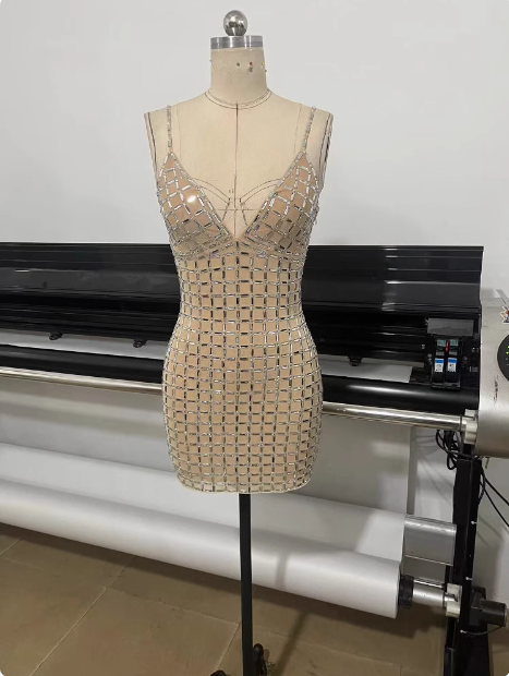 Sexy Rhinestone Mesh Deep V Strap Homecoming Dress P3894