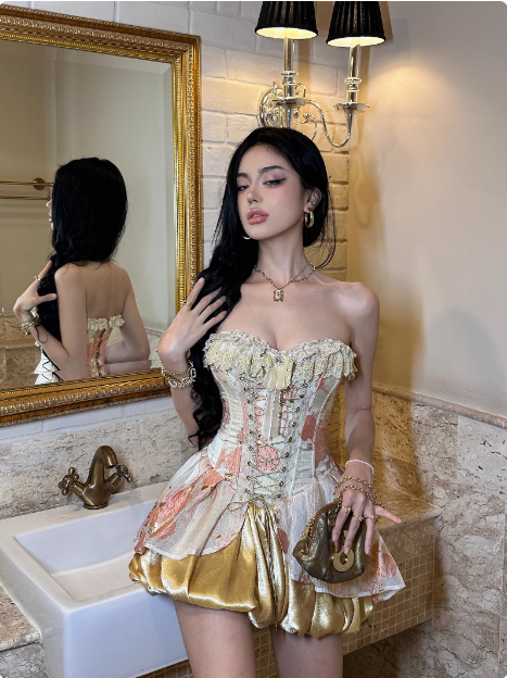 Vintage Corset Pink Gold Rose Puffy Birthday Dress Homecoming Dress P3898