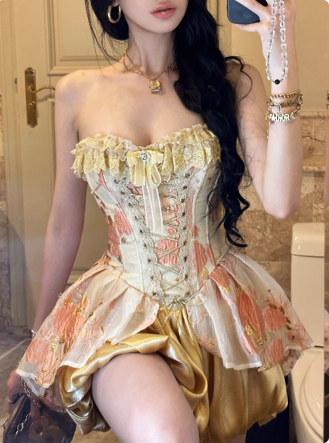 Vintage Corset Pink Gold Rose Puffy Birthday Dress Homecoming Dress P3898
