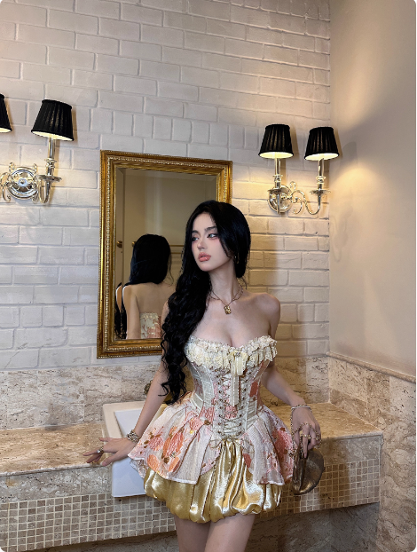 Vintage Corset Pink Gold Rose Puffy Birthday Dress Homecoming Dress P3898
