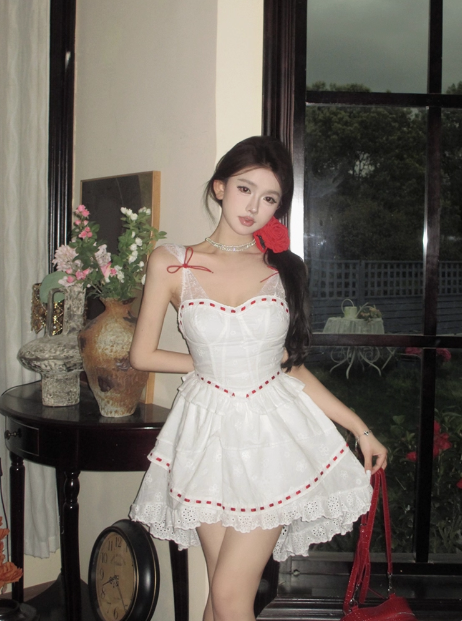 Princess Lace Stitching White Sling Waist Cake Birthday Skirt Homecoming Dress P3911