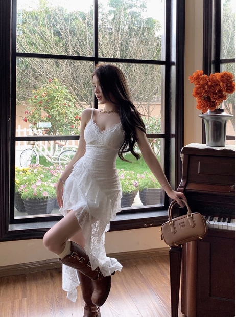 Irregular White Lace Suspenders Slim Fit 19th Birthday Homecoming Dress P3912