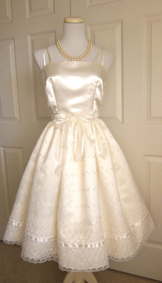 Cute Ivory Strappy Satin Lace Trim A-line Birthday Dress Homecoming Dress P3920