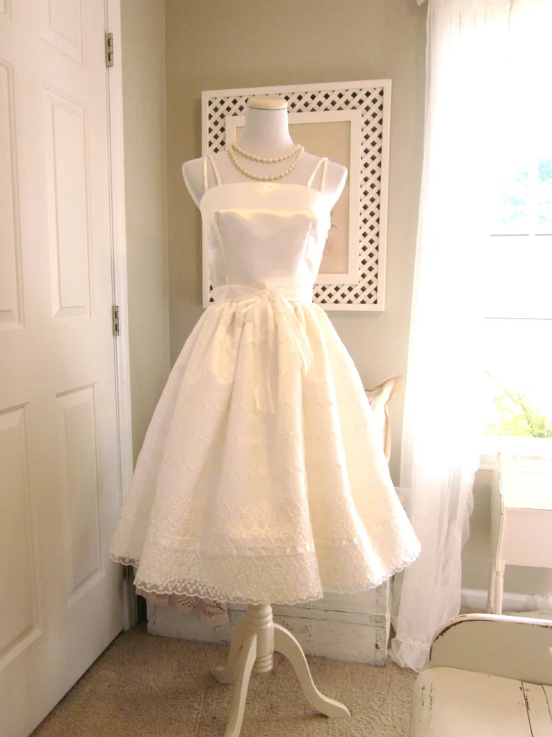 Cute Ivory Strappy Satin Lace Trim A-line Birthday Dress Homecoming Dress P3920