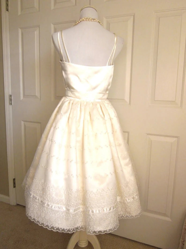 Cute Ivory Strappy Satin Lace Trim A-line Birthday Dress Homecoming Dress P3920