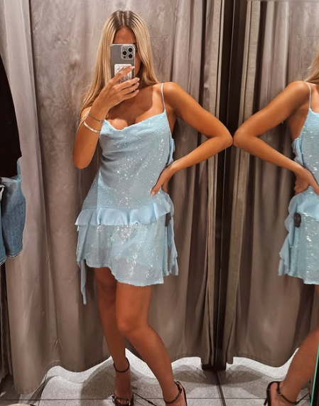 Beautiful Swing Neck Strap Sequin Blue Ruffle 17th Birthday Homecoming Dress P3937