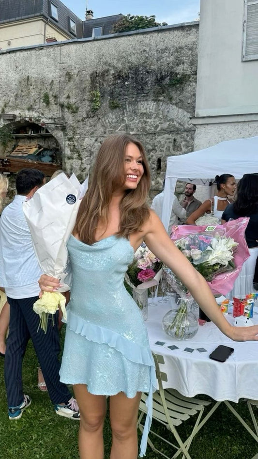 Beautiful Swing Neck Strap Sequin Blue Ruffle 17th Birthday Homecoming Dress P3937