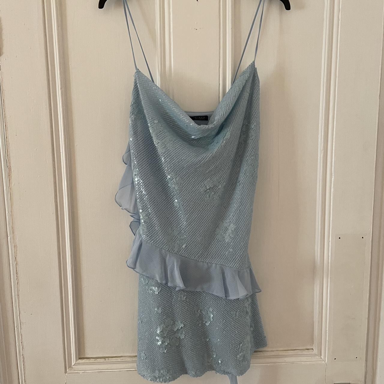 Beautiful Swing Neck Strap Sequin Blue Ruffle 17th Birthday Homecoming Dress P3937