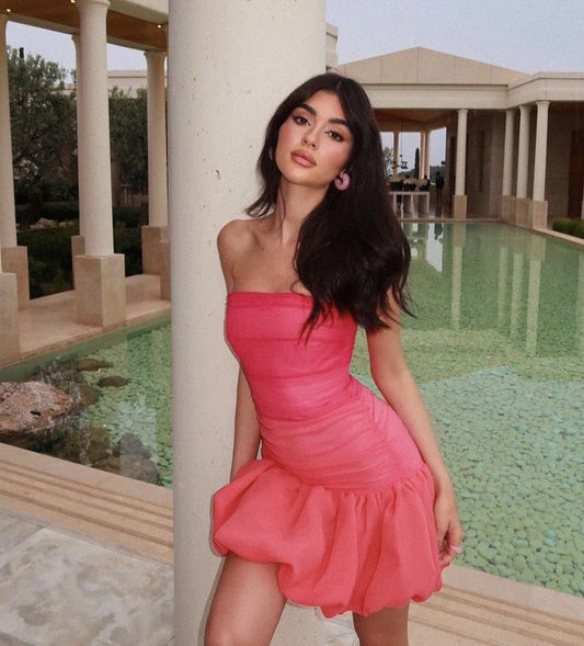 Sweet Pink Tube Top Flower Bud 17th Birthday Homecoming Dress P3949