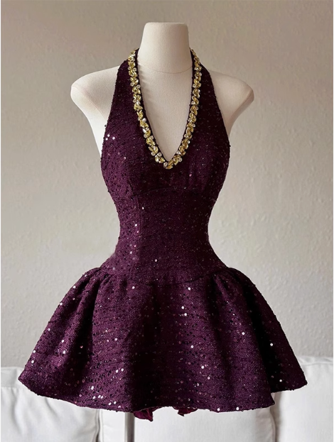 Heavy Diamond Purple Sequined Halter Neck A-line 19th Birthday Homecoming Dress P3960