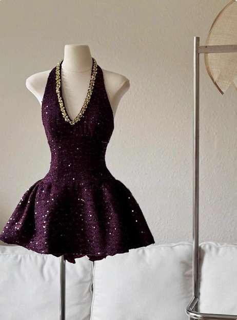 Heavy Diamond Purple Sequined Halter Neck A-line 19th Birthday Homecoming Dress P3960