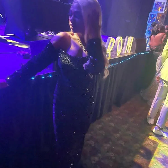 Sexy Mermaid Black Girl Sequin Prom Dresses 22th Birthday Outfits With Sleeves P428