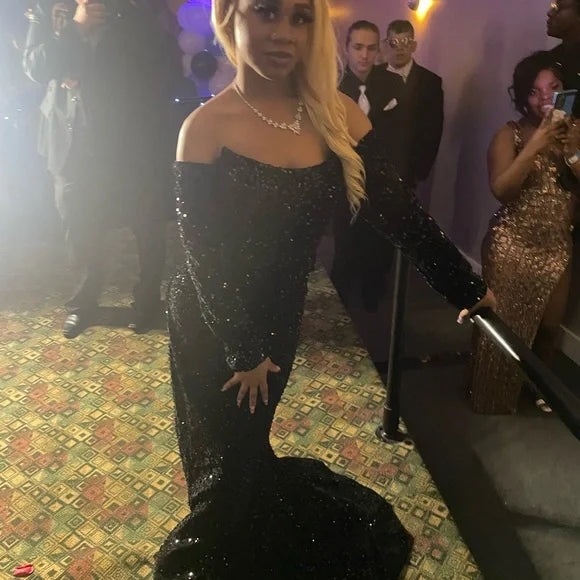 Sexy Mermaid Black Girl Sequin Prom Dresses 22th Birthday Outfits With Sleeves P428