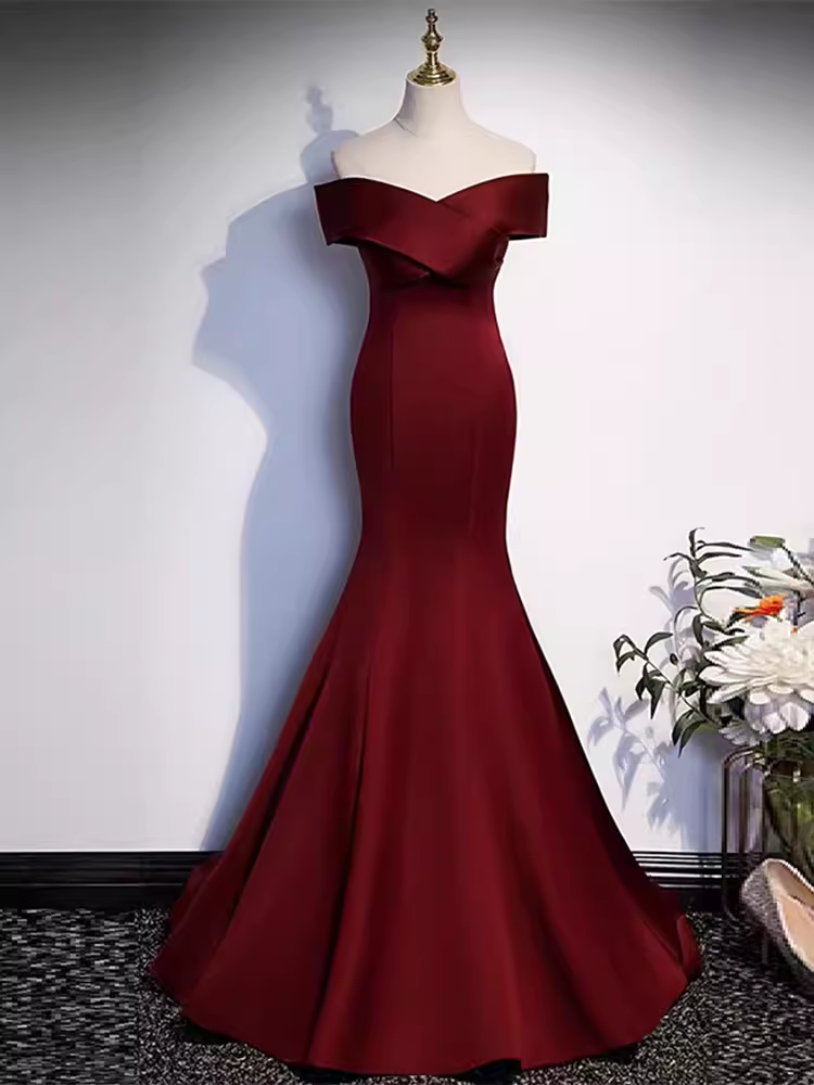 Sexy Mermaid Long Red Satin Prom Dresses With Bowknot Long Prom Dress P476