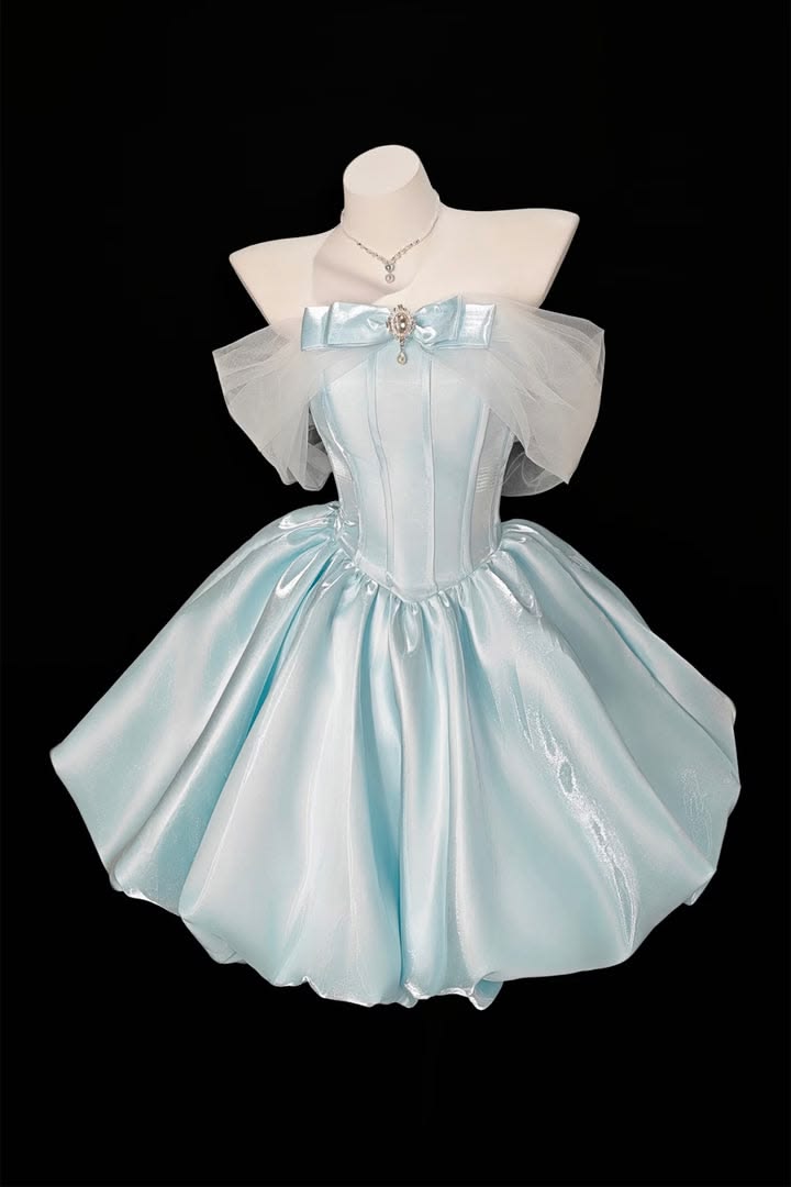 Lovely Homecoming Dress Baby Blue Stain Off Shoulder Pleated Cocktail Dress Short Birthday Party Dress P4980