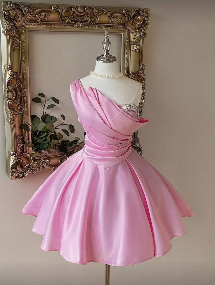 Stunning Homecoming Dress Pink Stain One Shoulder A Line Pleated Cocktail Dress Short Birthday Party Dress P4992